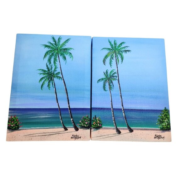 Antigua Beach Shoreline Original Oil Paintings on Canvas Signed P Looby 2009 - Picture 1 of 6
